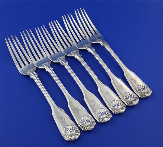 A matched set of six Victorian silver double struck fiddle, thread and shell pattern table forks by George Adams, 19 oz.
